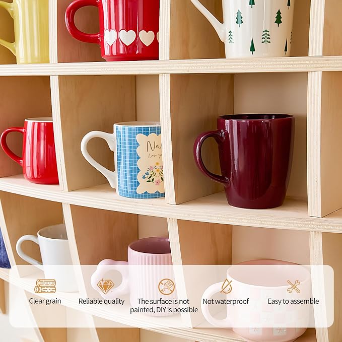 46" x46"Oversize Wooden Coffee Mug Display Shelf, Rustic Wooden Floating Curio - Image 7