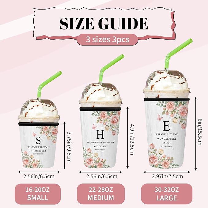 Floral Monogram Iced Coffee Cup Sleeve 3 Pack, Christian Reusable Neoprene - Image 3