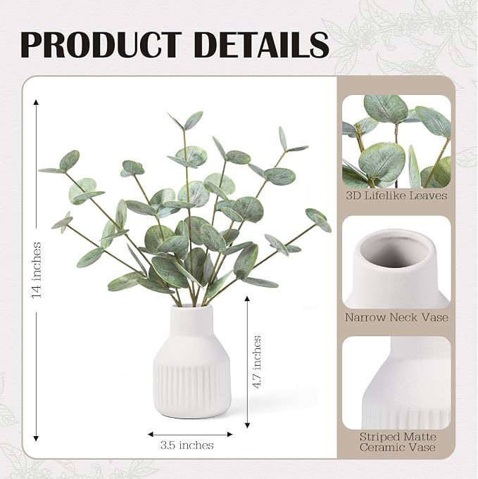 FIACO Artificial Eucalyptus Stems in Ceramic Vase, Coffee Table Centerpiece - Image 3