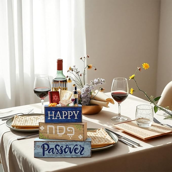 Lineshading 4 Pcs Happy Passover Table Decorations Wooden Menorah Table - Image 5
