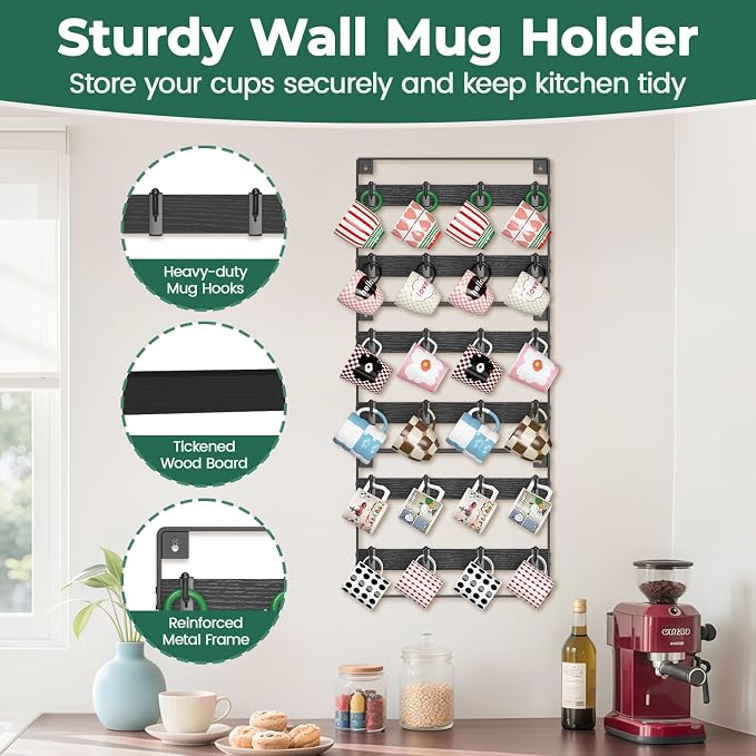 EsLuker.ly Mug Holder Hanger Rack Wall Mounted Wooden 3 Pack Coffee Cup Storage - Image 6