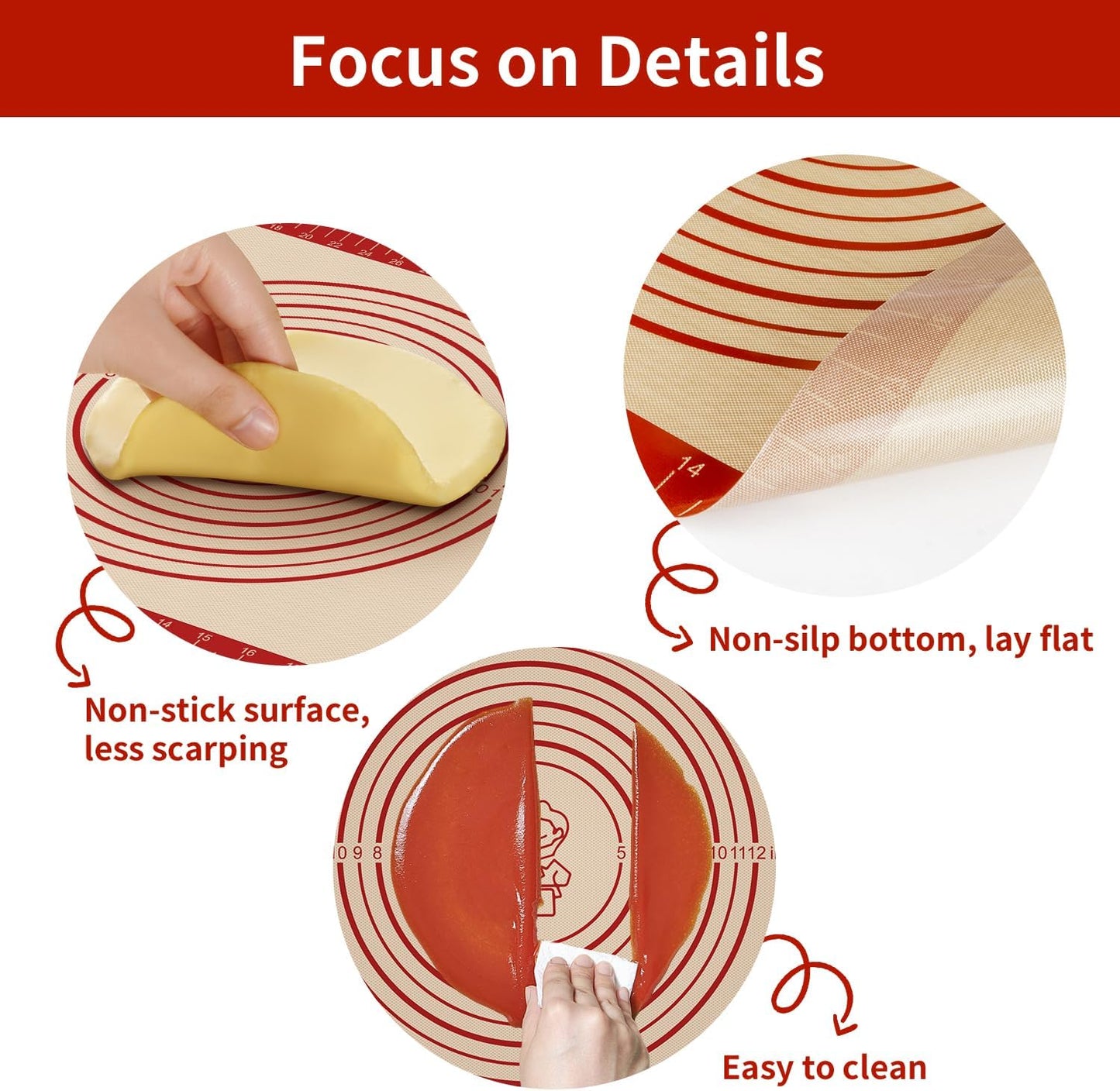 Silicone Baking Mat, Reusable Silicone Dough Mat, Non-Stick Pastry Mat, Heat Resistant Silicone Mat for Baking Cookies, Cake, Bread, Chocolate, Pizza, Crust, Pie Oven Mat, Easy to Clean
