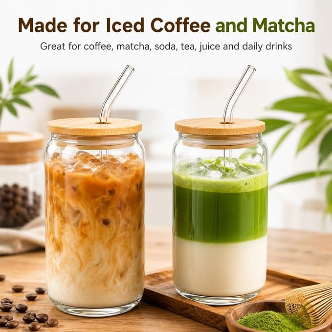 Glass Cups with Lids and Straws 1 Pack, 16 oz Glass Coffee Cup with Bamboo Lid - Image 4