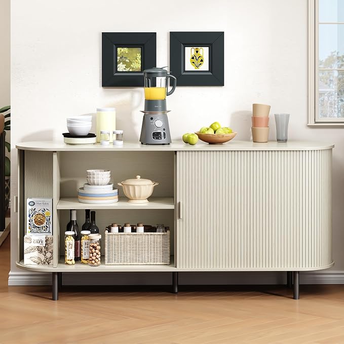 Buffet Cabinet with Storage, Fluted Sideboard Buffet with Sliding Door - Image 4