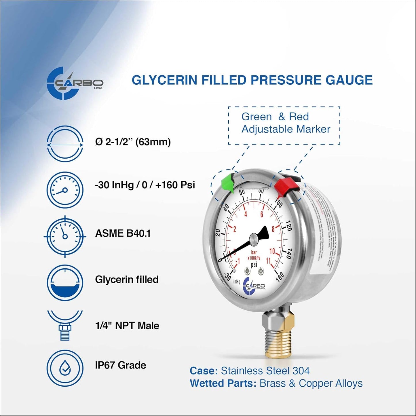 Stainless Steel Pressure Gauge Dual Display (-30 Hg - 0-160 psi/kPa) - 2 1-2" Glycerine Liquid Filled Water Air Oil Gas Gauge with Polycarbonate Lens - Compound Vacuum - 1/4" NPT