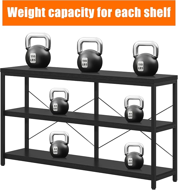 3-Tier Industrial Bookshelf, Wide Wood Horizontal Bookcase, Open Large Book - Image 5