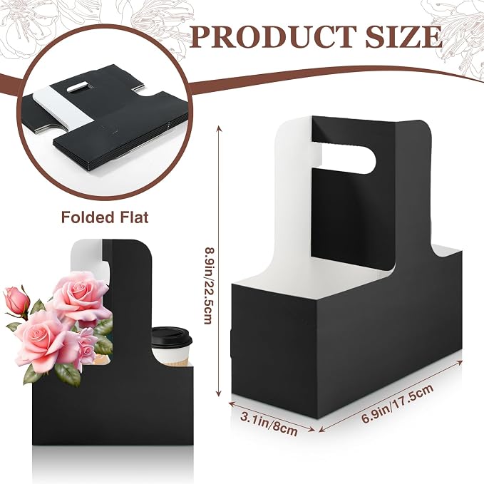 20 Pack Drink Carrier with Handle 2 Cup Disposable Cup Holder Rectangle Floral - Image 2