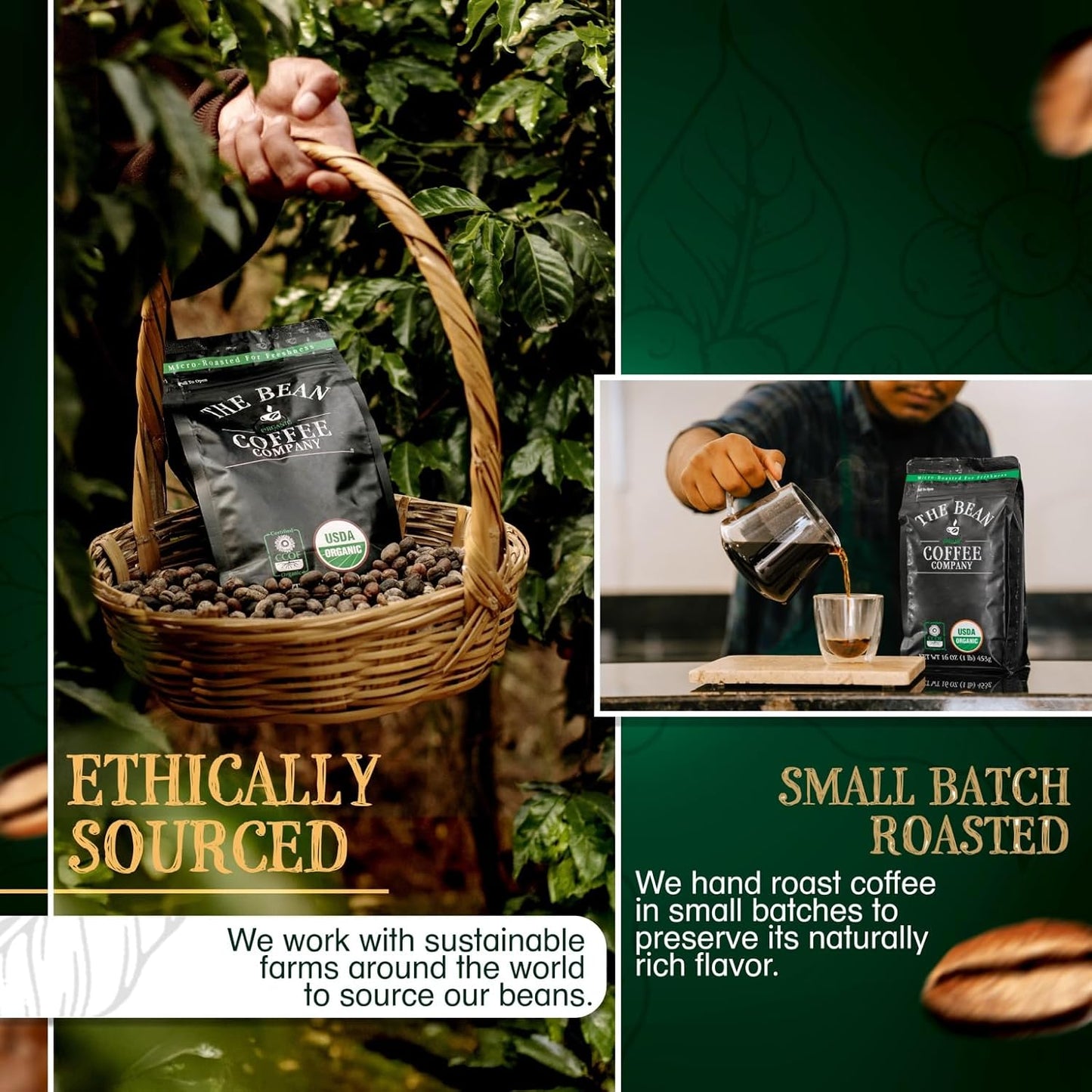 The Bean Organic Coffee Company Caramel, Medium Roast, Ground Coffee, 5-Pound Bag, Café molido tostado orgánico