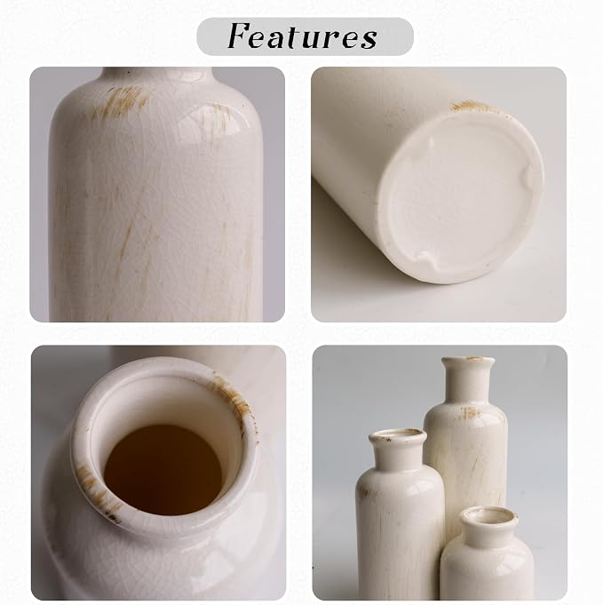 Pampas Grass with Vase Set – 3 Beige White Ceramic Vases with Natural Dried - Image 6