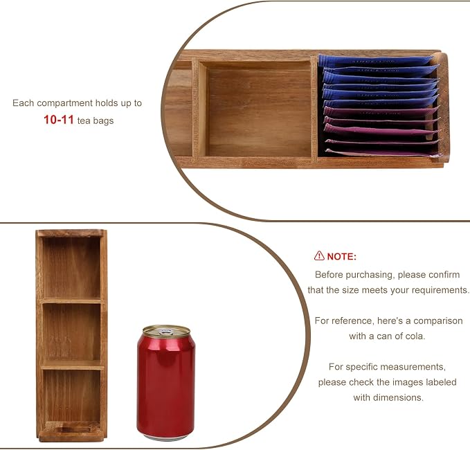 HTB Small Wooden Tea Bag Box 2PCS, 3 Compartments Acacia Wood Tea Bag Chest - Image 3