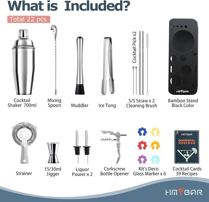 HMYBAR® 22-Piece Cocktail Shaker Set, Mixology Bartender Kit - Image 3