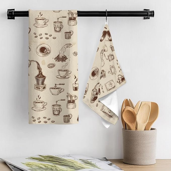 Coffee Kitchen Towel Vintage Coffee Beans Brewing Equipment Linen Texture Quick - Image 3