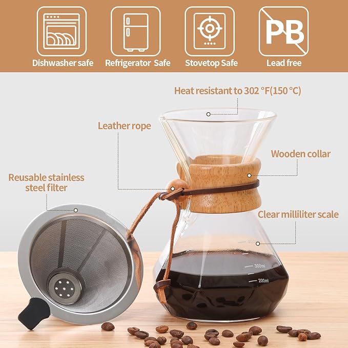 Pour Over Coffee Maker 14 OZ, 4 Cup Borosilicate Glass Drip Coffee Maker - Image 6