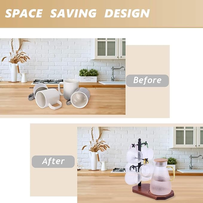 Mug Tree for Large Mugs With 6 Hooks and Coffee Pot Tray - Image 3