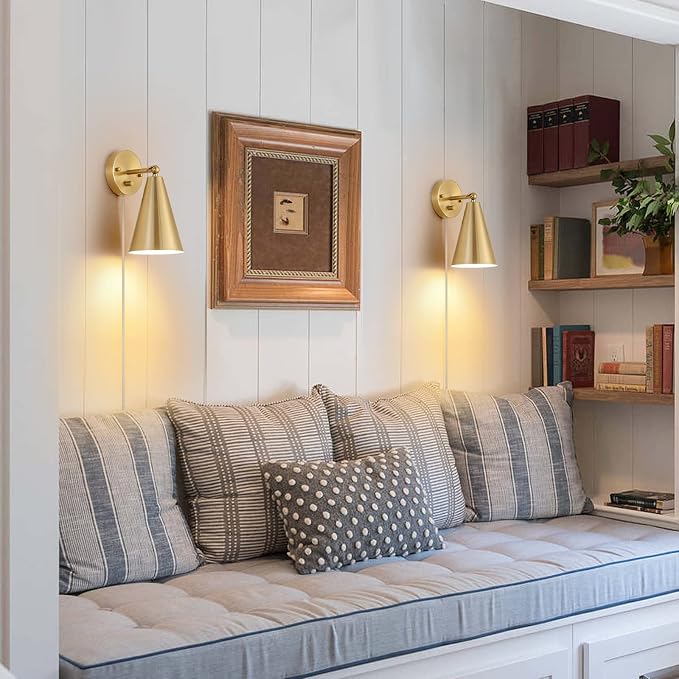 MWZ Gold Wall Sconces Set of Two Plug in, Brass Modern Dimmable Sconces - Image 3