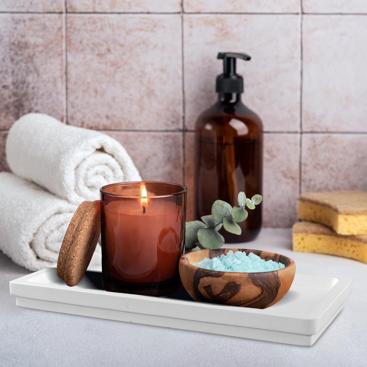 Acacia Rectangle Organizer Tray - 11.8 x 5.9 Inches, Soap Tray for Bathtub Countertop Sink Dresser Toilet Tank - Home Decoration for Jewelry Dish Key Plate (White)