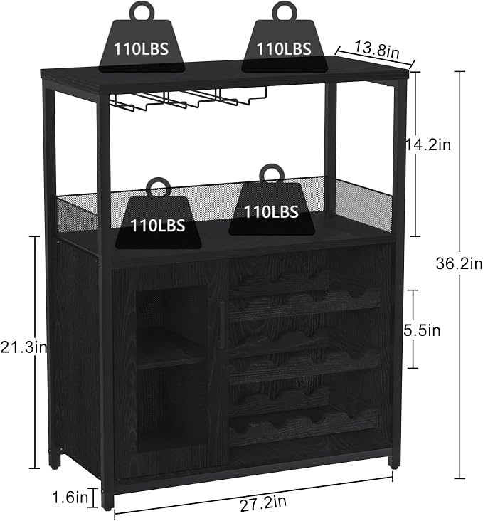 Jojoka LED Lighted 3-Tier Wine Bar Cabinet, Freestanding Sideboard Buffet - Image 2