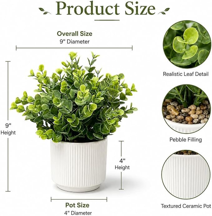 Small Artificial Eucalyptus Potted Plant, 9 in, Bathroom Decor | Small green - Image 2