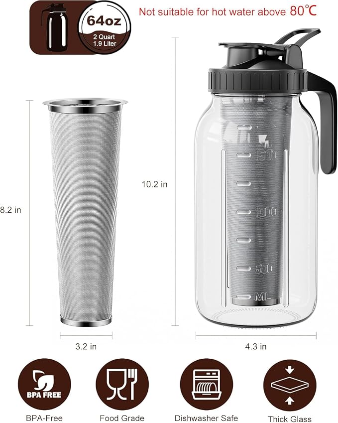 2-Pack Cold Brew Coffee Maker - 64oz Mason Jar Pitcher - Image 2