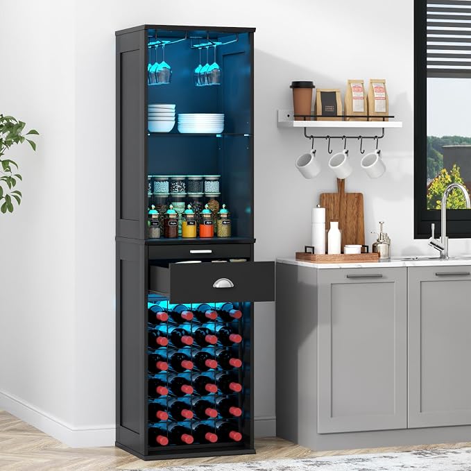 Loomie Wine Bar Cabinet with LED Lights, Kitchen Storage with Tray & Drawer & - Image 7