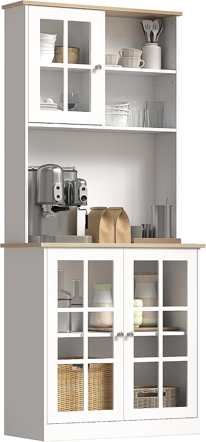 HOMCOM Kitchen Pantry Storage Cabinet, Large Countertop, Glass Doors and by HOMCOM