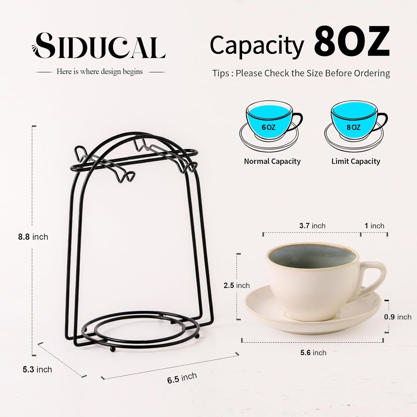 SIDUCAL Stackable Cappuccino Cup Set of 4 [8oz] Ceramic Coffee Cups with Saucers and Cup Holder,Microwave/Dishwasher Safe,Espresso Demitasse Cups(Green)