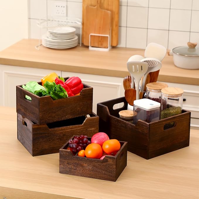 Chunful 4 Pack Wood Crates Nesting Storage Baskets Decorative Farmhouse Wooden - Image 2