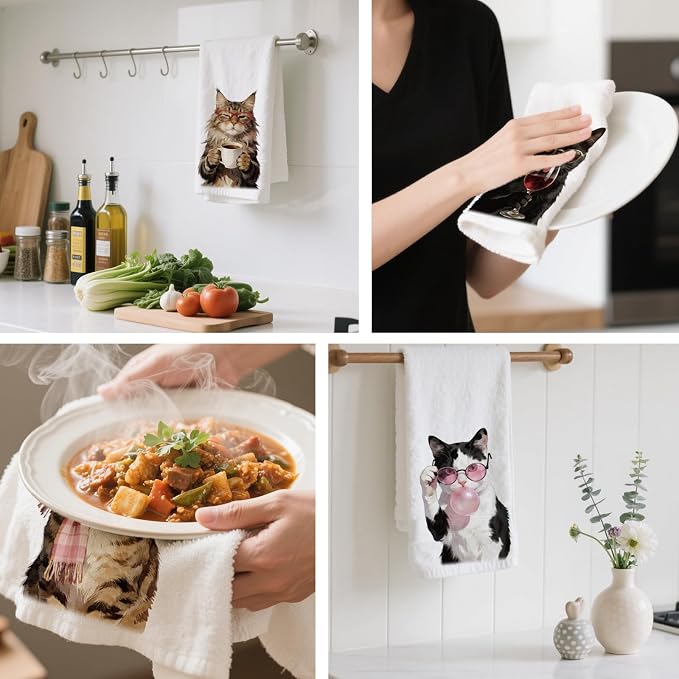 CUTHOLLOW Funny Cats Decorative Kitchen Towels Set of 4, 15.74"x23.62" Soft & - Image 4