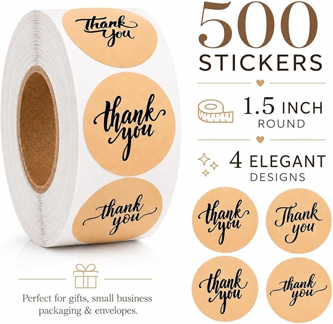 500 Thank You Stickers Roll – 1.5" Round Kraft Paper Labels - Image 2