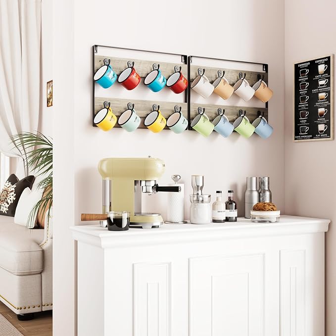 IBUYKE Wall-Mounted Mug Rack Set of 3, 24-Hook Large Coffee Display Organizer - Image 5