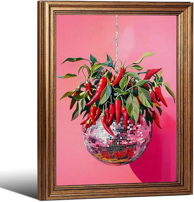 Gold Framed Disco Ball With Red Chili Pepper Wall Art 16x20 inch Funky by Unknown