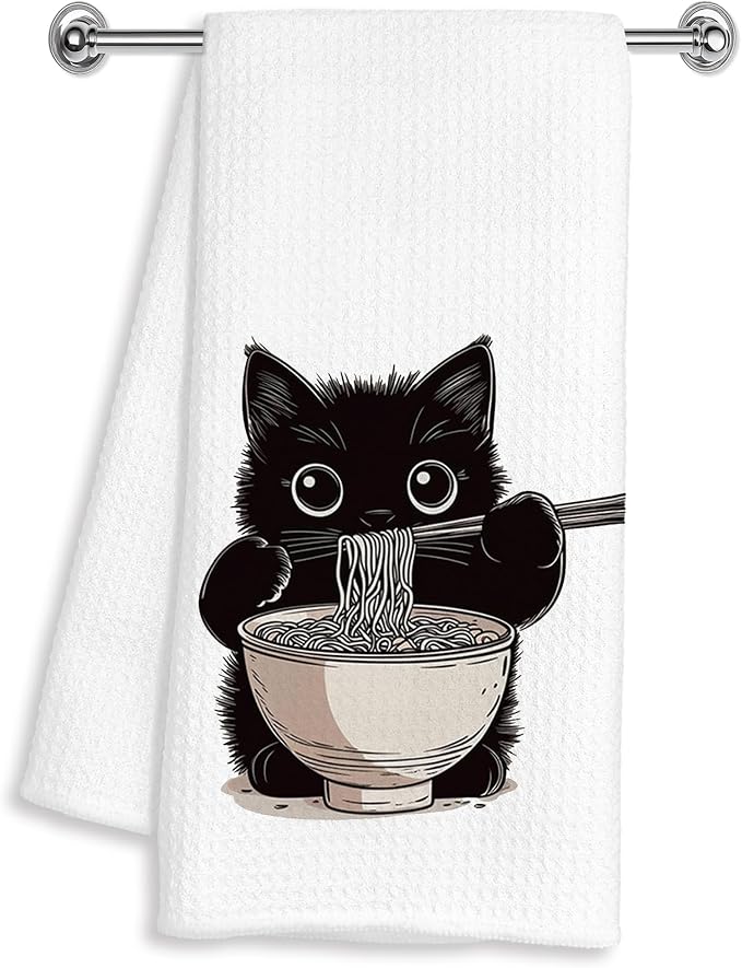 Funny Japanese Noodle Black Cat Hand Dish Tea Towels by Unknown