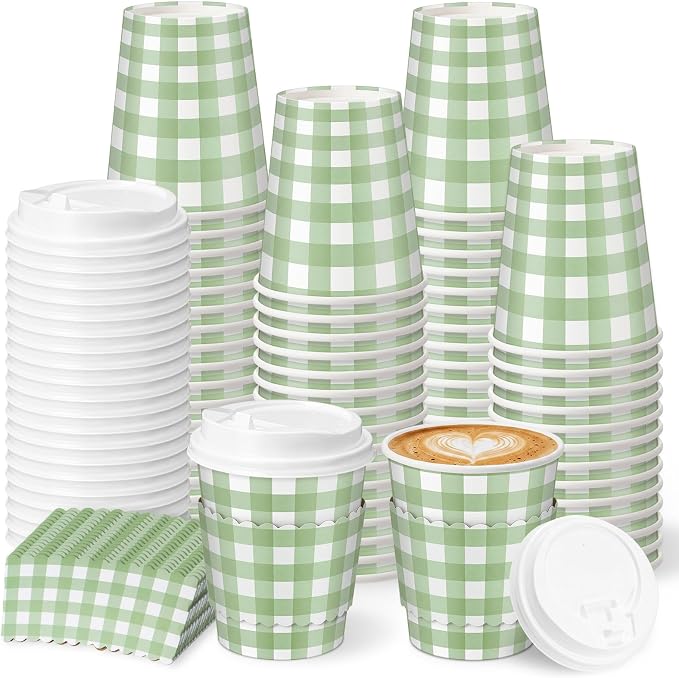 Mimorou 48 Set Green Gingham Disposable Coffee Cups by Mimorou