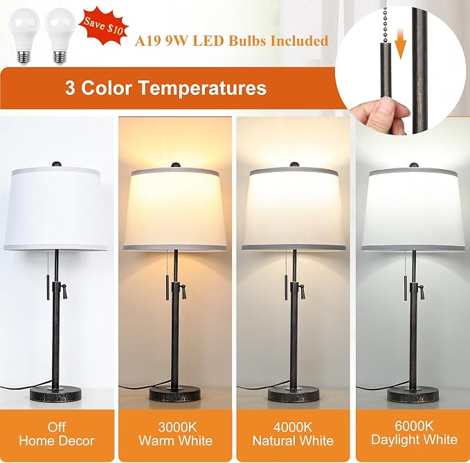 Adjustable Height Table Lamps Set of 2 22-30in Retro Black Brush Gold Modern - Image 2