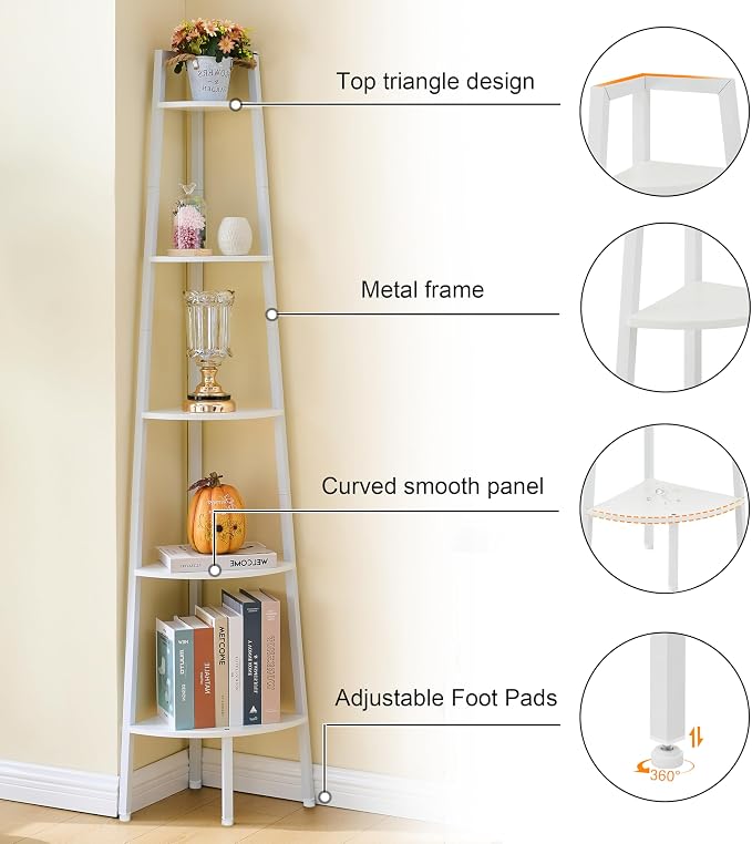 Hoctieon Corner Shelf, 5-Tier Corner Bookshelf, Rustic Ladder Shelf, Industrial - Image 3