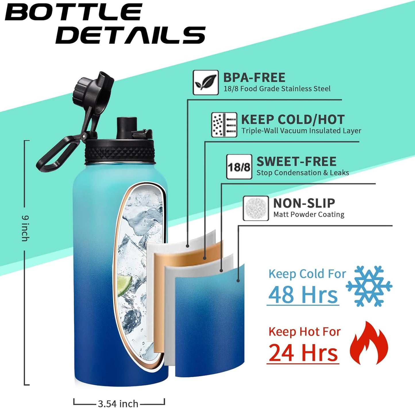 Stainless Steel Flask Water Bottle - 32oz/40oz/64oz Insulated Water Bottle with Straw & Spout Lids, Paracord Handle, Strap Sleeve, Protective Cup Mat, Hydro Thermo Perfect for Sports Office
