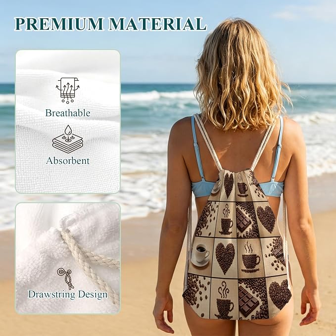 2-in-1 Beach Towel Backpack 31"x63", Heart Shape Coffee Beans Microfiber Bath - Image 6
