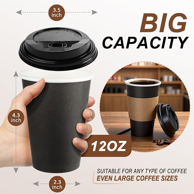 RAZCC 120 Pack 12 oz Paper Coffee Cups Set, Disposable Black Coffee Cups - Image 2