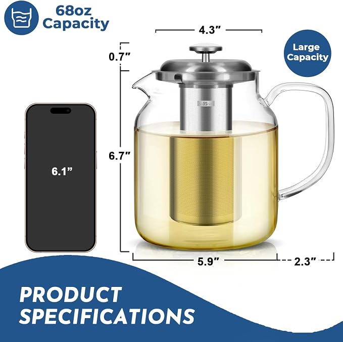 Aquach 68oz Glass Teapot with Thermometer, Stovetop Safe Tea Pot | Dishwasher - Image 4
