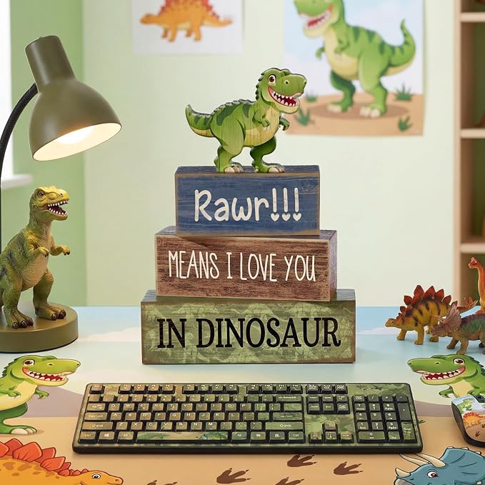 Lineshading 4 Pcs Dinosaur Table Decorations Wooden Dinosaur Decor Dino Safari - Image 2