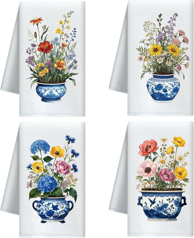 CUTHOLLOW Blue & White Porcelain Bonsai Decorative Kitchen Towels Set of 4 by CUTHOLLOW