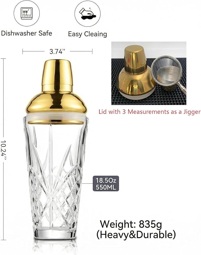 Cut Crystal Cocktail Shaker 18.5oz Gold Sealed Lid, 2 Cups Capacity | Hidden - Image 2