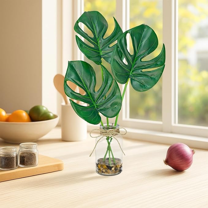 2 Pack Artificial Monstera Leaves in Glass Vase, Small Faux Plants - Image 2