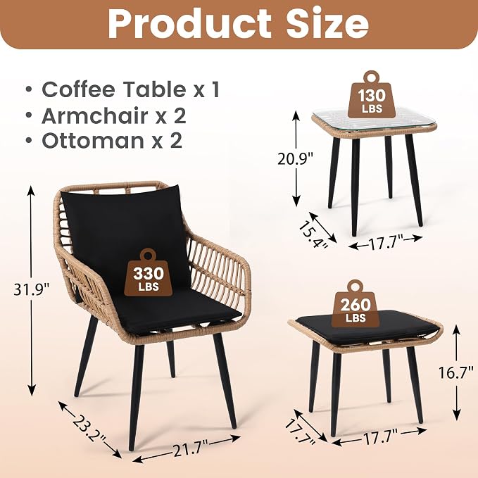 KROFEM 5 Piece Wicker Bistro Patio Conversation Furniture Set, Includes 2 Chairs - Image 7