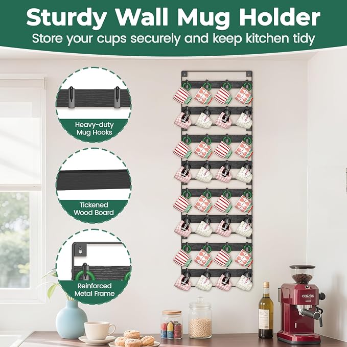 EsLuker.ly Mug Holder Hanger Rack Wall Mounted Wooden 4 Pack Coffee Cup Storage - Image 4