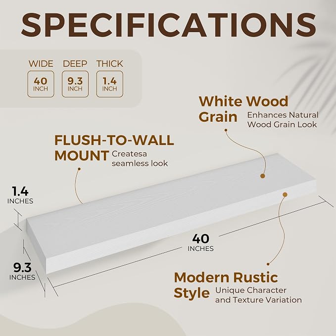 Dreamland 40 Inch Long Floating Shelves in White, 9.3 Inch Deep Floating Shelf - Image 5
