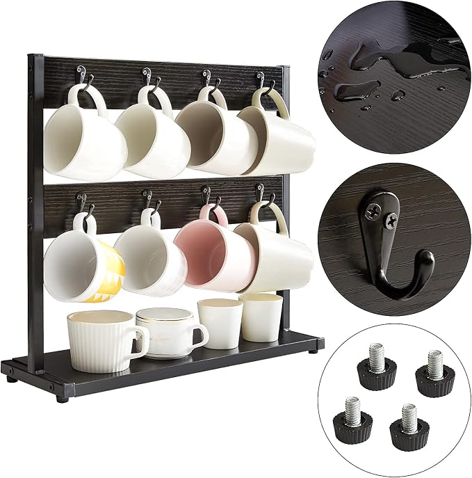 IBUYKE Wood Coffee Mug Holder for Countertop, 16 Hook Mug Tree Holder Rack - Image 4