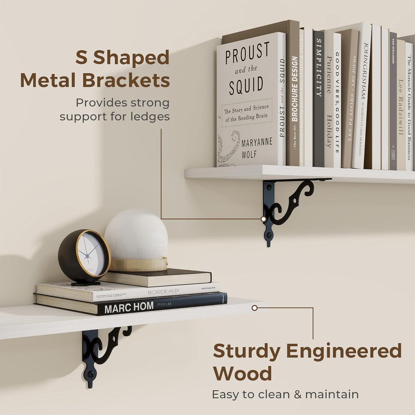 RICHFOCUS Floating Shelves for Wall Decor, 39.4W x 8D Wall Shelves Set of 2, 8 Inch Deep Rustic Wood Shelves Wall Mounted with Brackets, Long Floating Shelves for Living Room Bedroom Kitchen, White