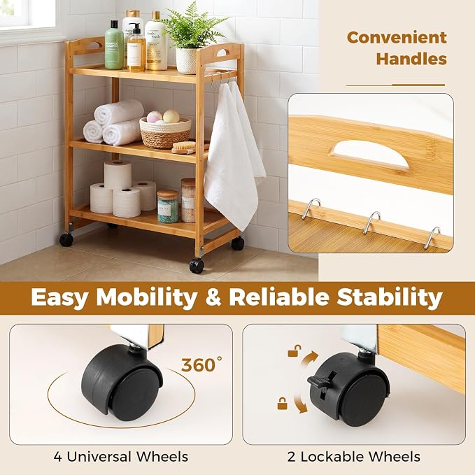 Giantex 3-Tier Rolling Storage Cart, Bamboo Utility Cart w/ 3 Side Hooks & - Image 6
