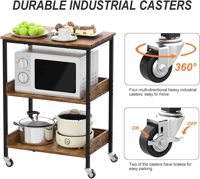 ASTARTH Kitchen Microwave Cart, 3 Tier Rolling Utility Cart on Wheels Coffee - Image 3